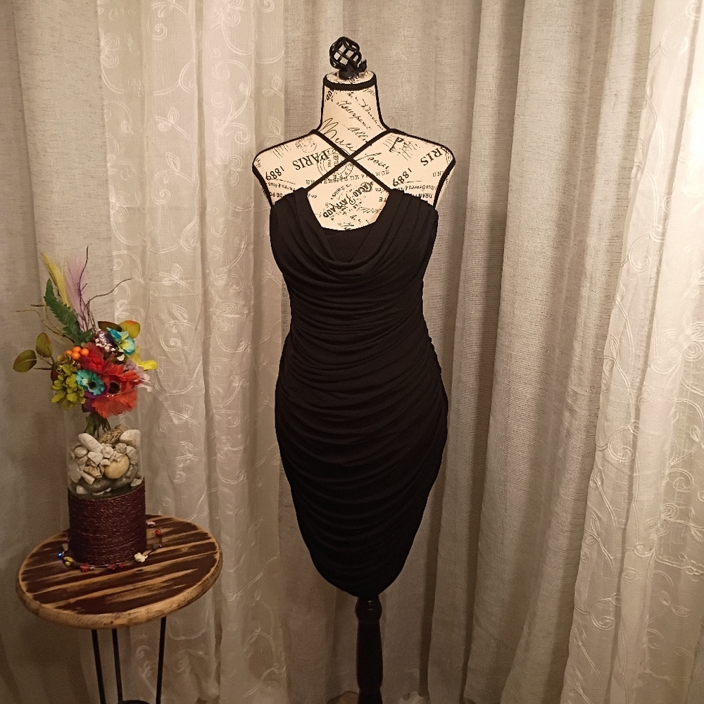 Klassy Network Black One-Shoulder Ruched Dress with Crisscross Straps